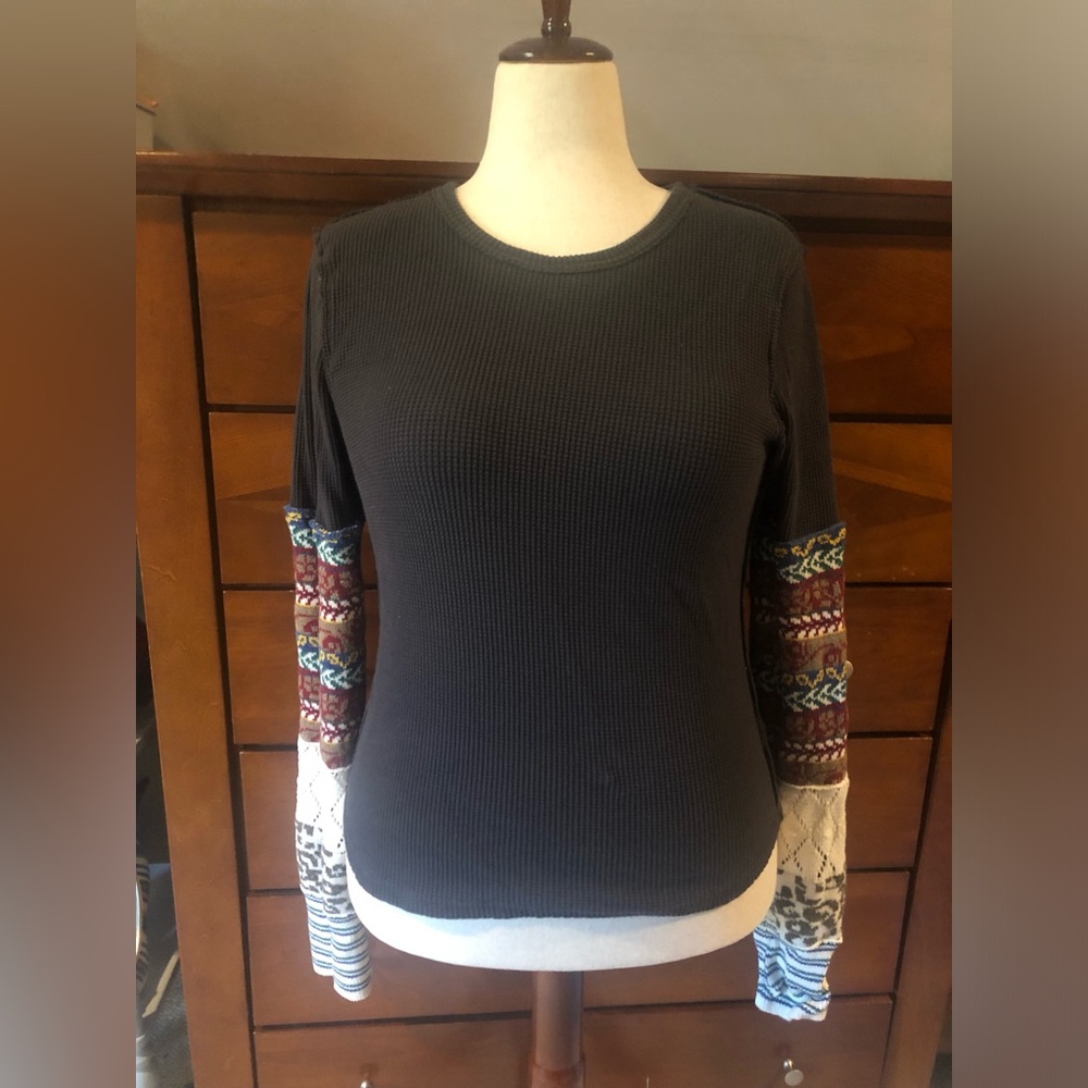 We The Free Navy Waffle Thermal Top with Patterned Sleeve Panels